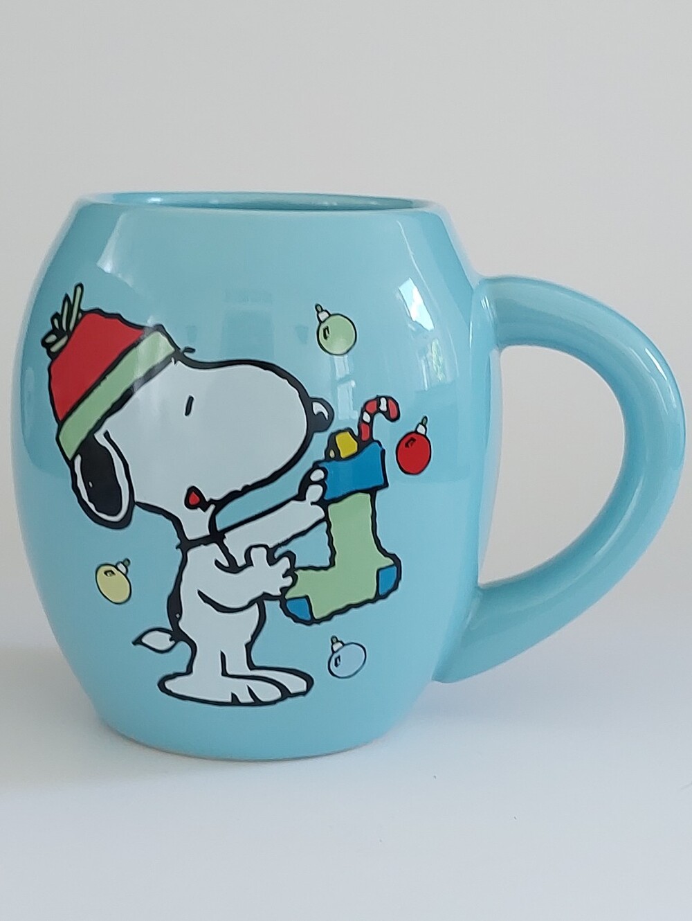 Peanuts Snoopy Blue Holiday Season Stocking Oval Ceramic Mug 18oz